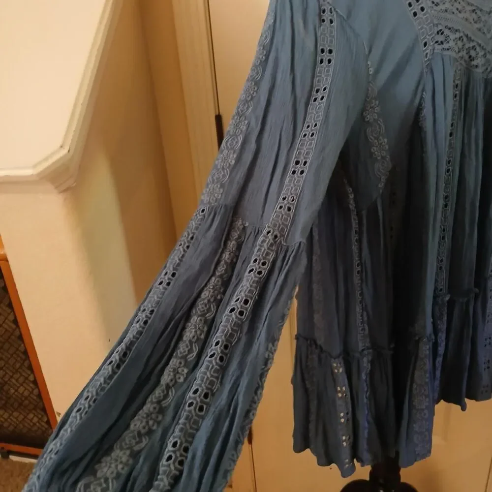 Free People Kiss Kiss Blue Embroidered Lace Tunic Dress L Boho Festival Fairy
